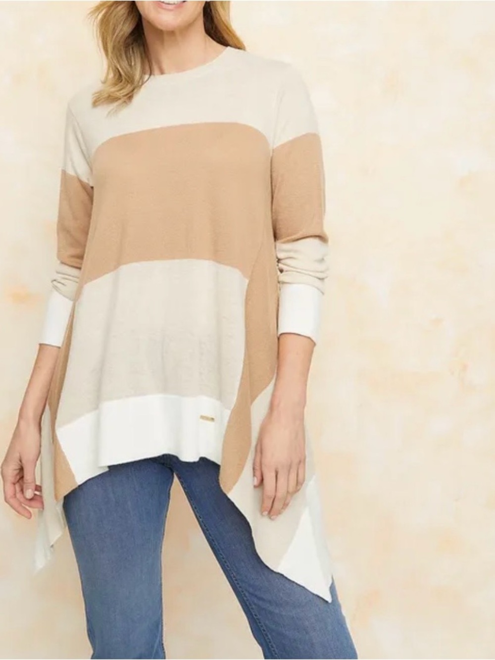 Isolde Roth Cream and Tan Colorblock Long Sleeve Tunic (SKU878)